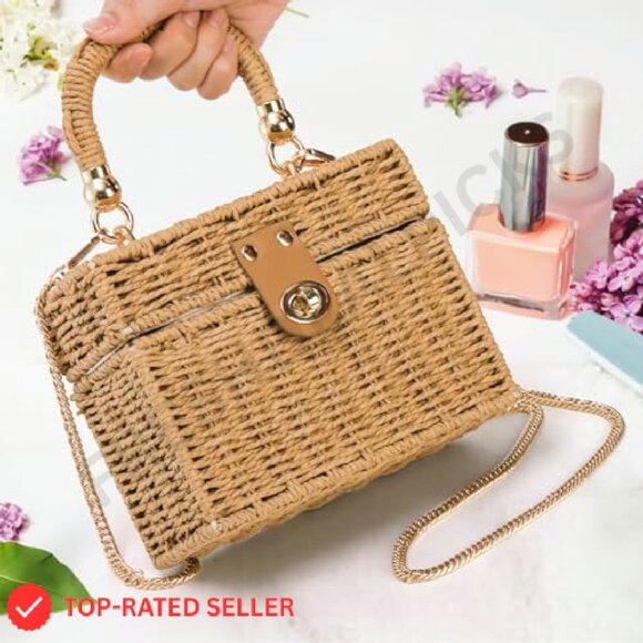 Vintage Rattan Crossbody Bag Handmade Wicker Tote Boho Chic Summer Beach - Picture 8 of 8